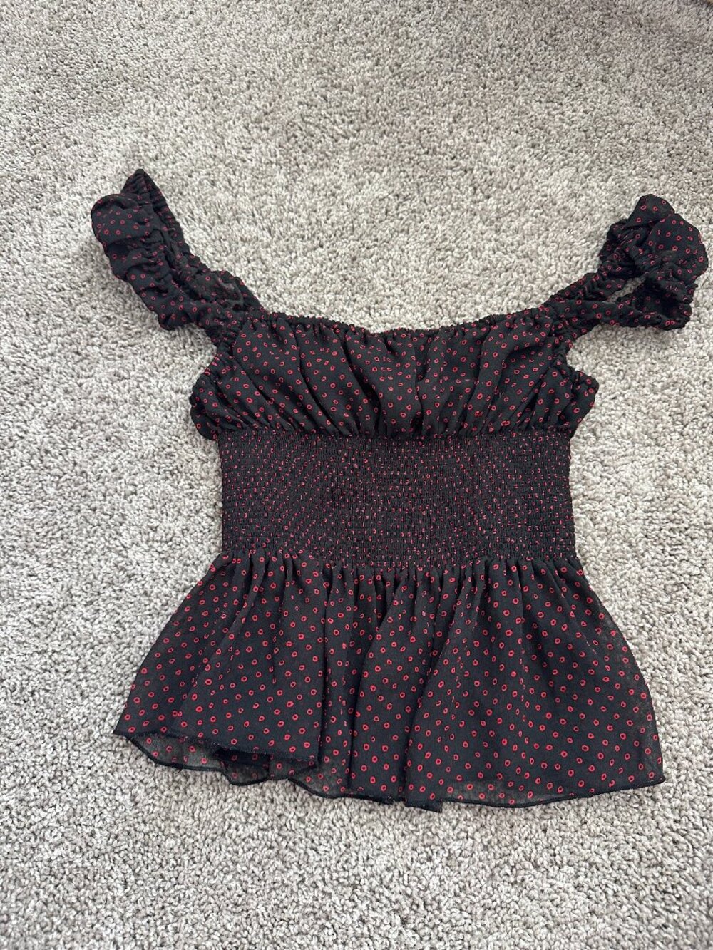 Urban Outfitters Black Red Polka Dot Smocked Off-the-Shoulder Top S